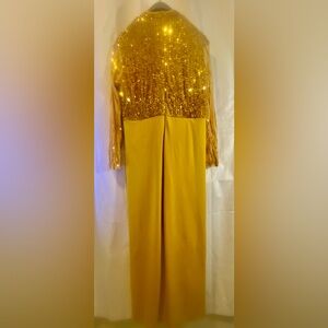 Golden Sequin Long Sleeve Evening Pants Suit With Train